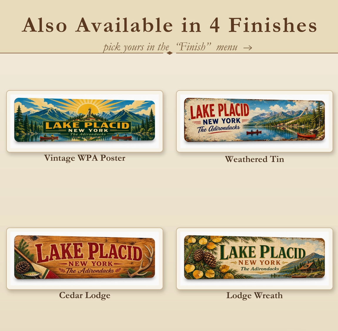 Lake Placid New York Metal Sign – 15" x 5", 4 Styles