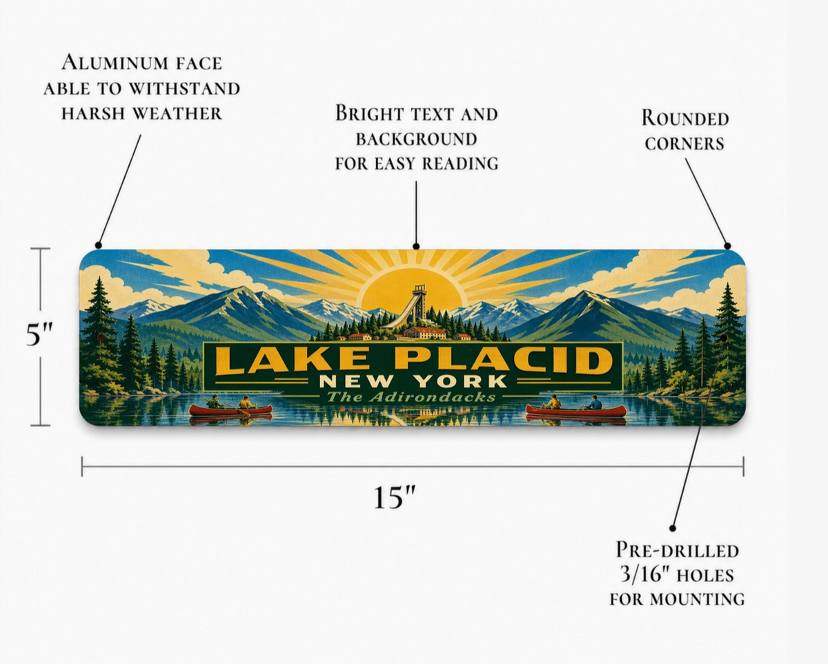 Lake Placid New York Metal Sign – 15" x 5", 4 Styles