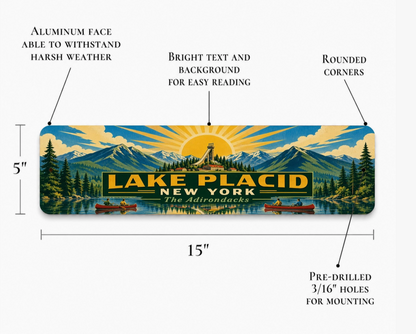 Lake Placid New York Metal Sign – 15" x 5", 4 Styles