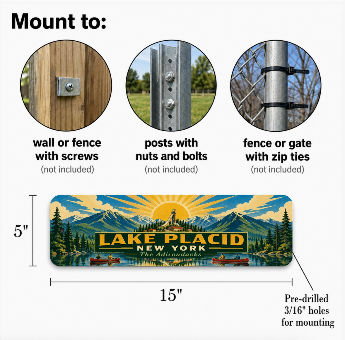Lake Placid New York Metal Sign – 15" x 5", 4 Styles