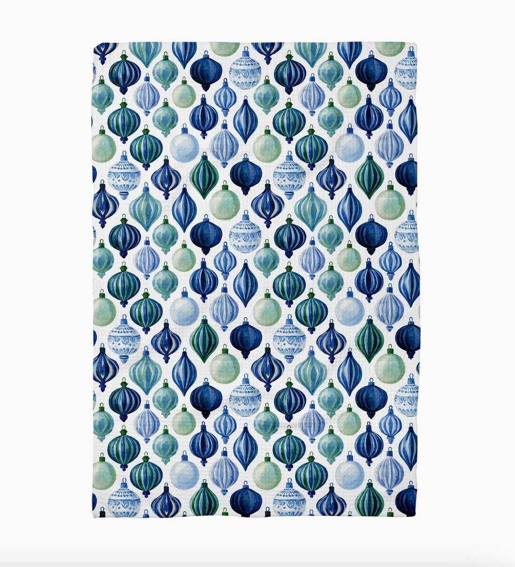 Blue Christmas Chinoiserie Ornament Waffle Weave Kitchen Towel