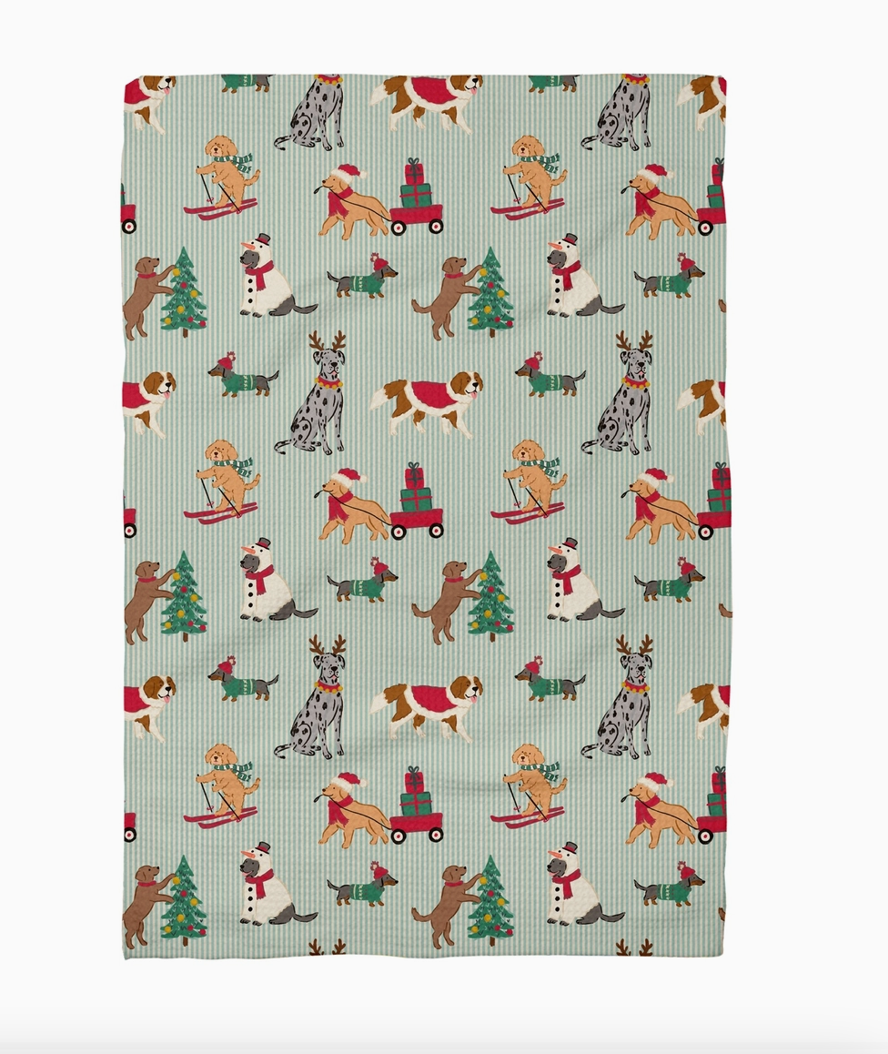 Festive Christmas Dogs Waffle Weave Kitchen Towel