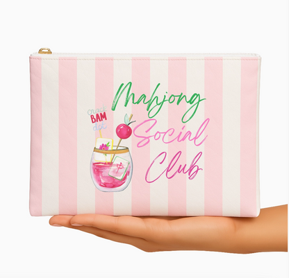 Pink striped Mahjong Social Club zippered pouch with watercolor cocktail and mahjong-inspired artwork.