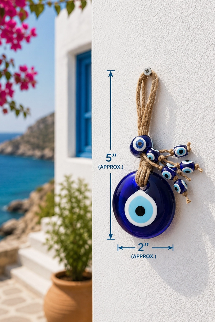 Handmade Turkish Evil Eye Glass Wall Hanging with Beaded Tassels