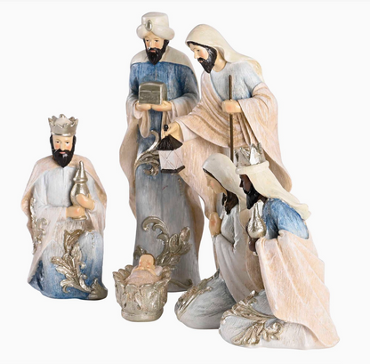 6-Piece Holy Family & Three Wise Men Nativity Set – Blue, Ivory & Silver