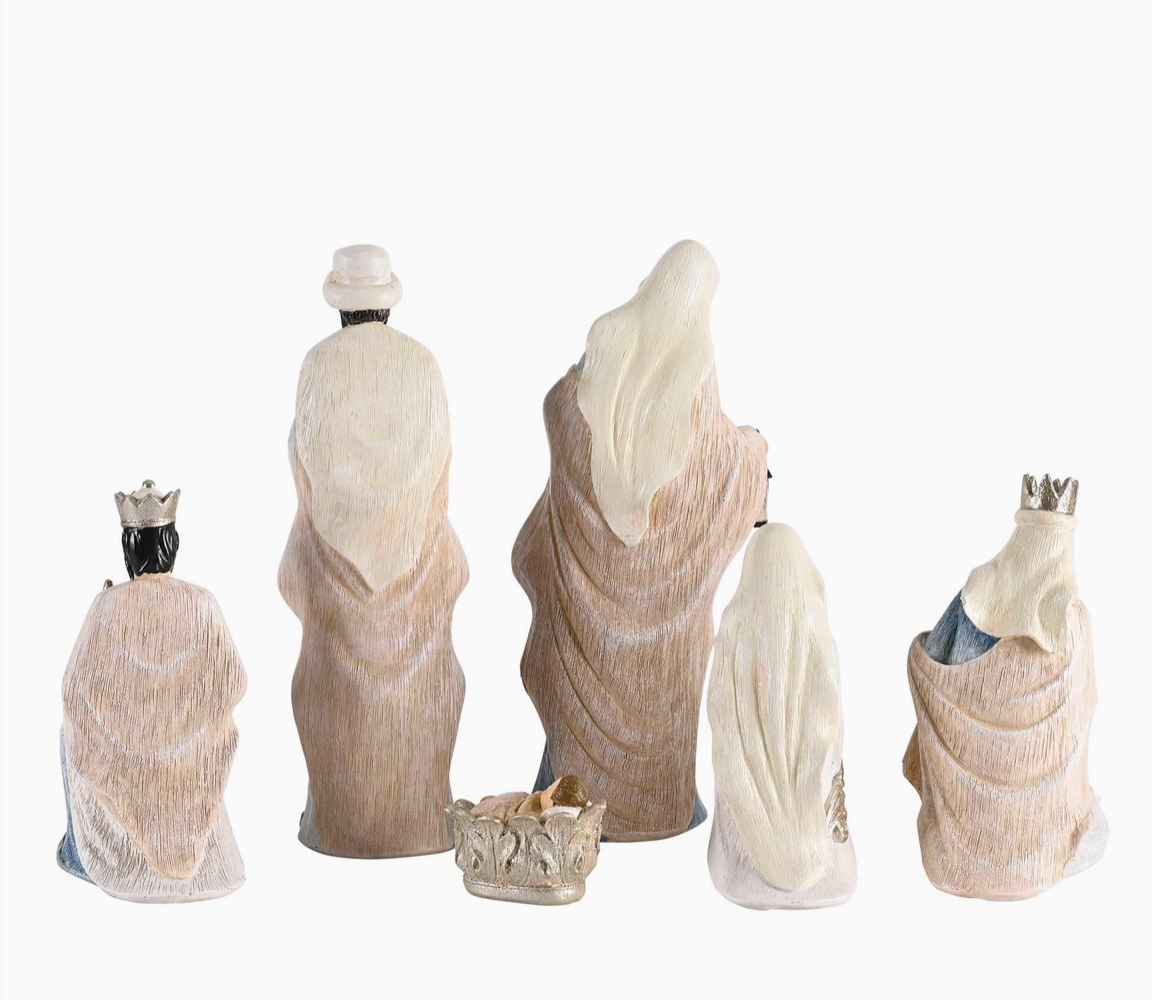 6-Piece Holy Family & Three Wise Men Nativity Set – Blue, Ivory & Silver