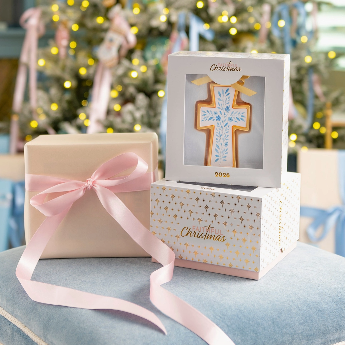 2026 First Edition Floral Cross Blown Glass Christmas Ornament