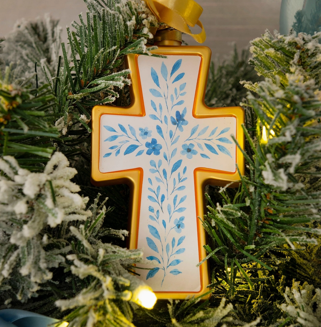 2026 First Edition Floral Cross Blown Glass Christmas Ornament