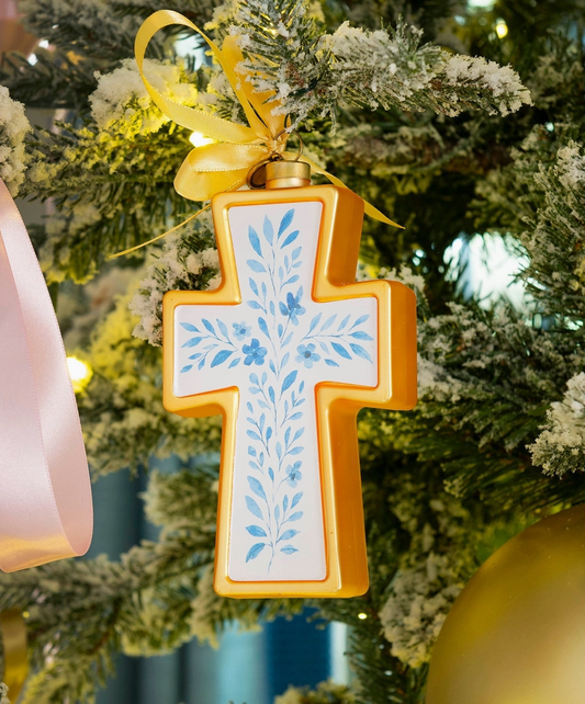 2026 First Edition Floral Cross Blown Glass Christmas Ornament