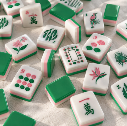 Close-up of Palm Resort Mahjong acrylic tiles featuring pink green and ivory layered sides with tropical floral bird and shell designs
