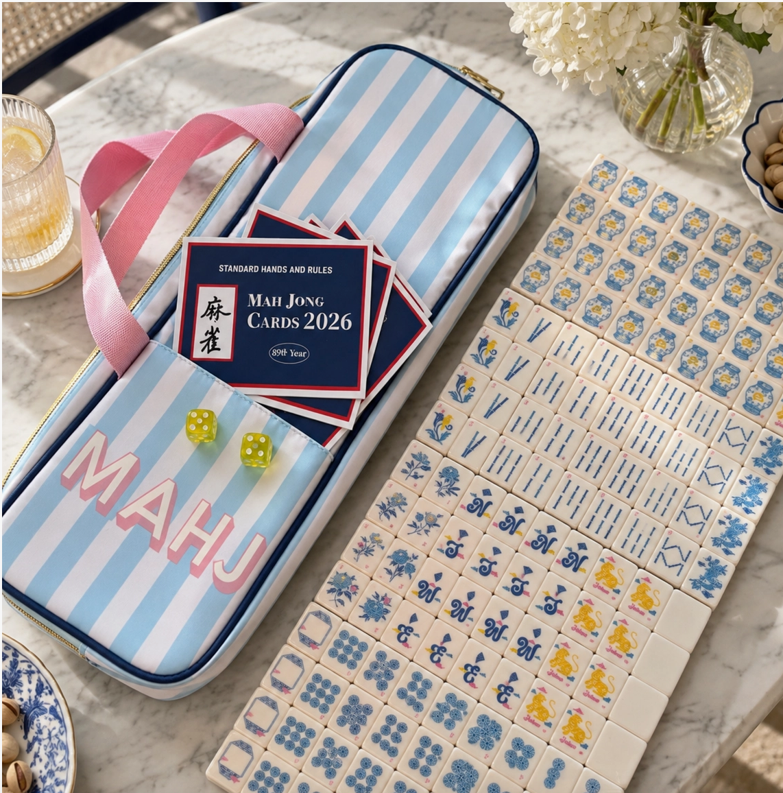 Blue Porcelain Mahjong Tile Set with Striped Carry Bag – 160 Tiles