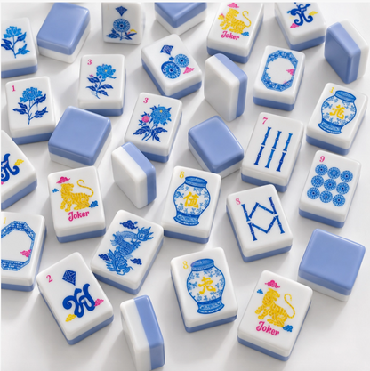 Blue Porcelain Mahjong Tile Set with Striped Carry Bag – 160 Tiles