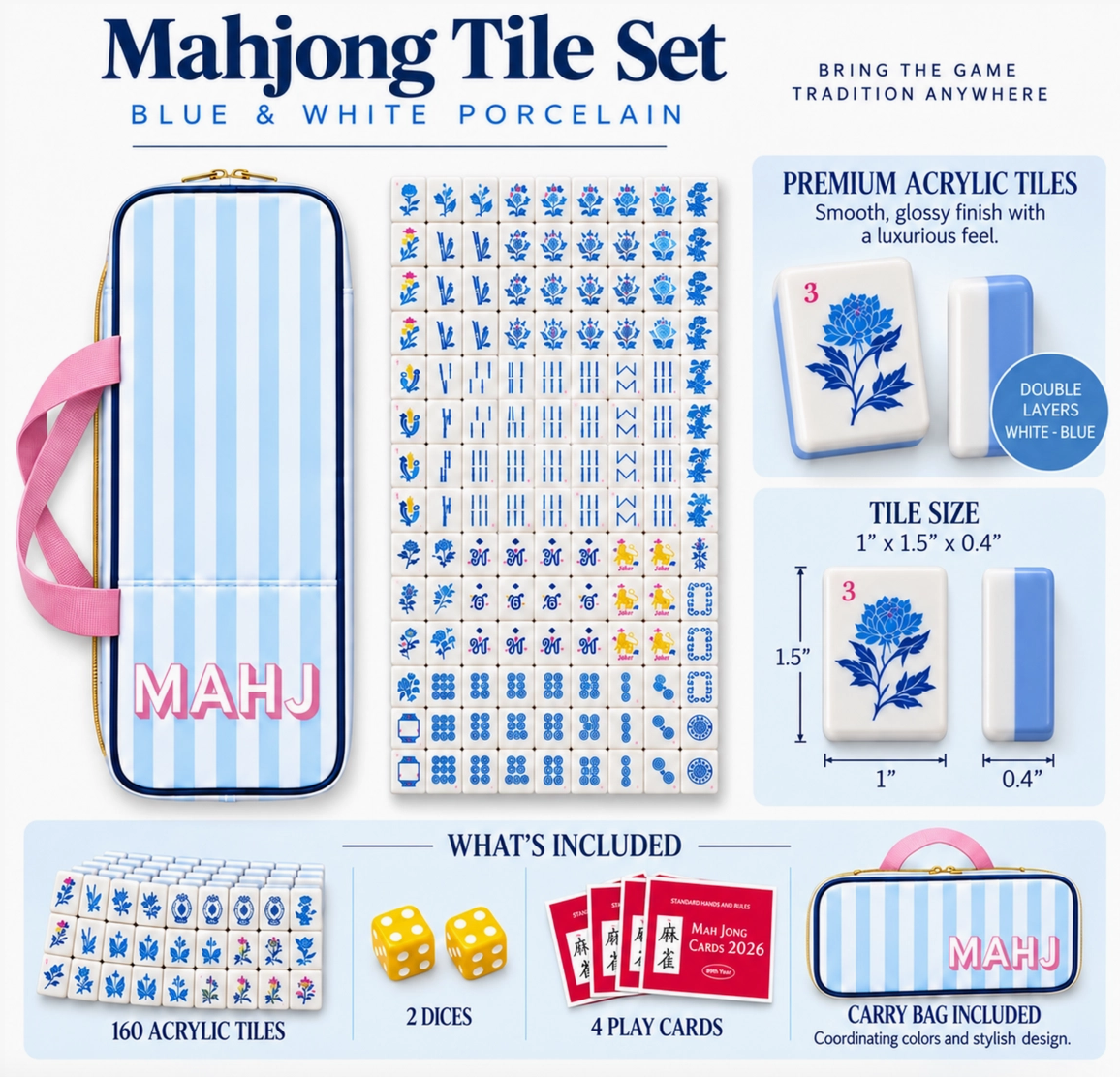 Blue Porcelain Mahjong Tile Set with Striped Carry Bag – 160 Tiles