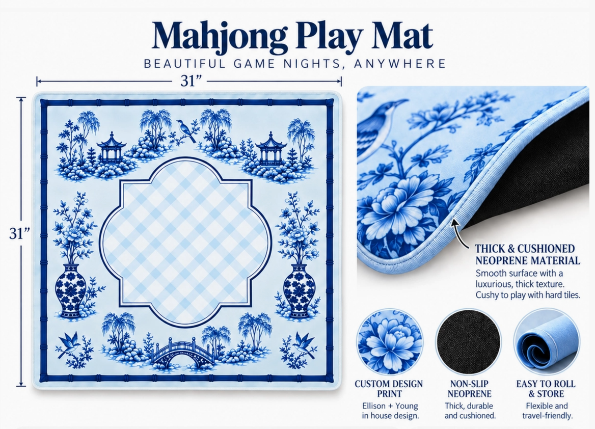Blue Porcelain Mahjong Playing Mat – 31" × 31"