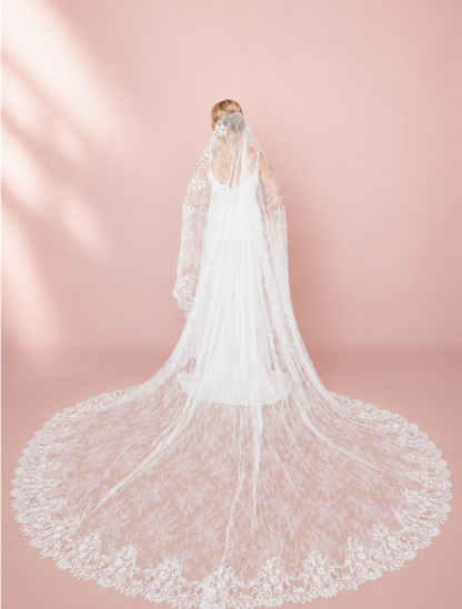 All-Over Lace Mantilla Cathedral Wedding Veil – 120"