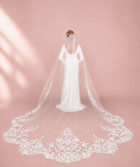 Royal Cathedral Wedding Veil with Graduated Botanical Lace – 132" - NY Gift Boutique