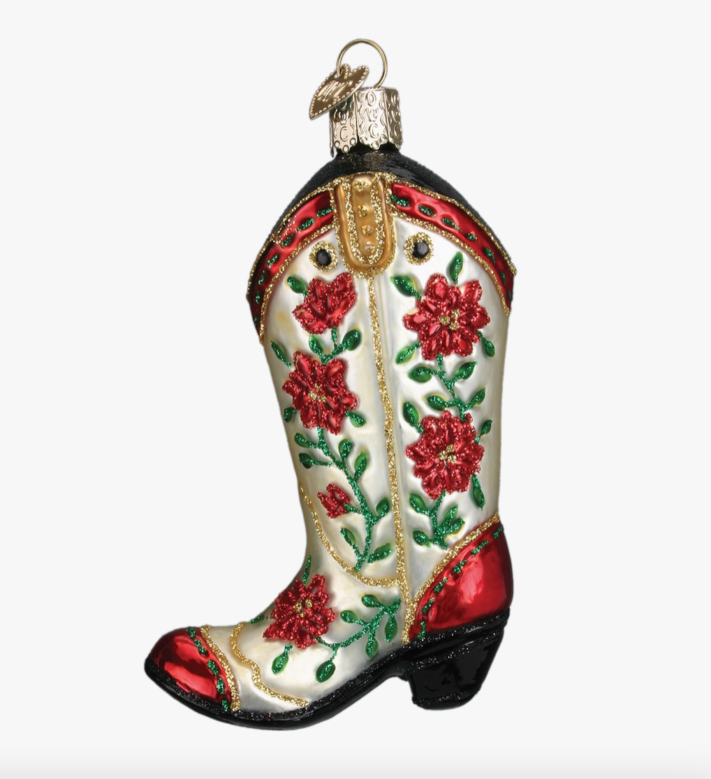 Christmas Cowgirl Boot Glass Ornament