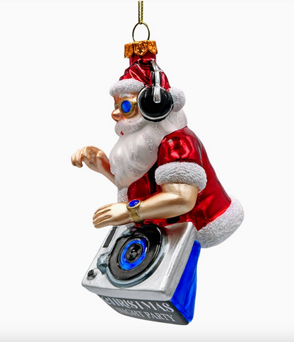 DJ Santa Spinning Christmas Party Glass Ornament