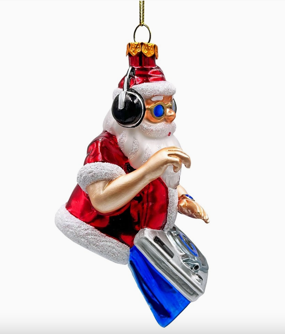 DJ Santa Spinning Christmas Party Glass Ornament
