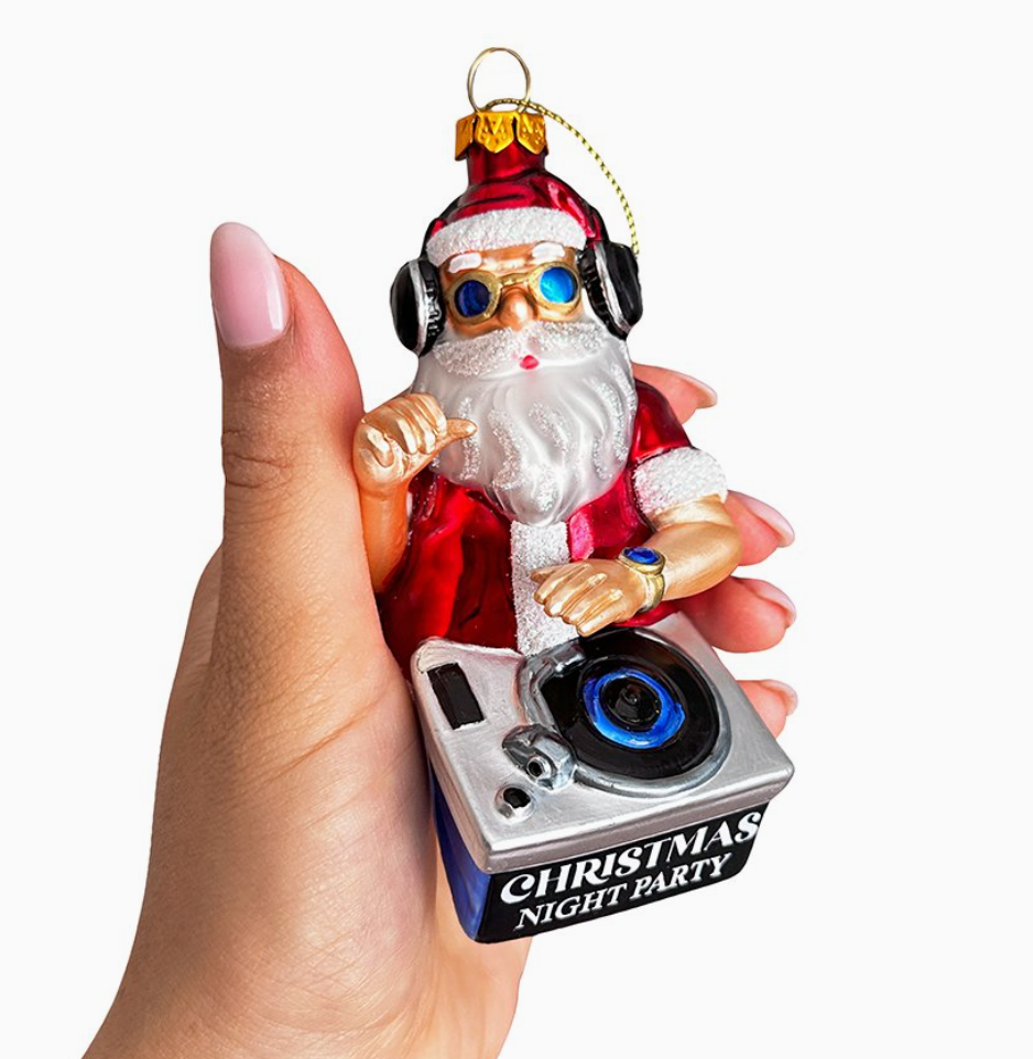 DJ Santa Spinning Christmas Party Glass Ornament