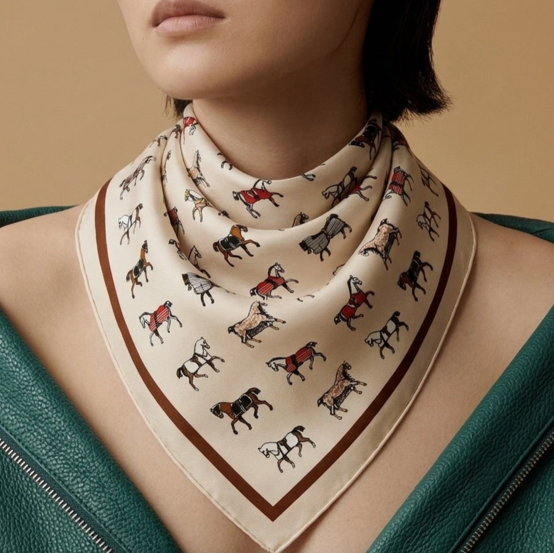 Cream equestrian horse print satin scarf styled around the neck with classic horse motif
