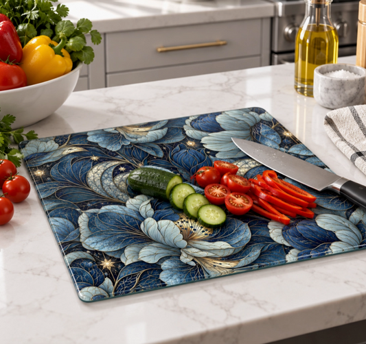 Celestial Blue Floral & Gold Glass Cutting Board - NY Gift Boutique