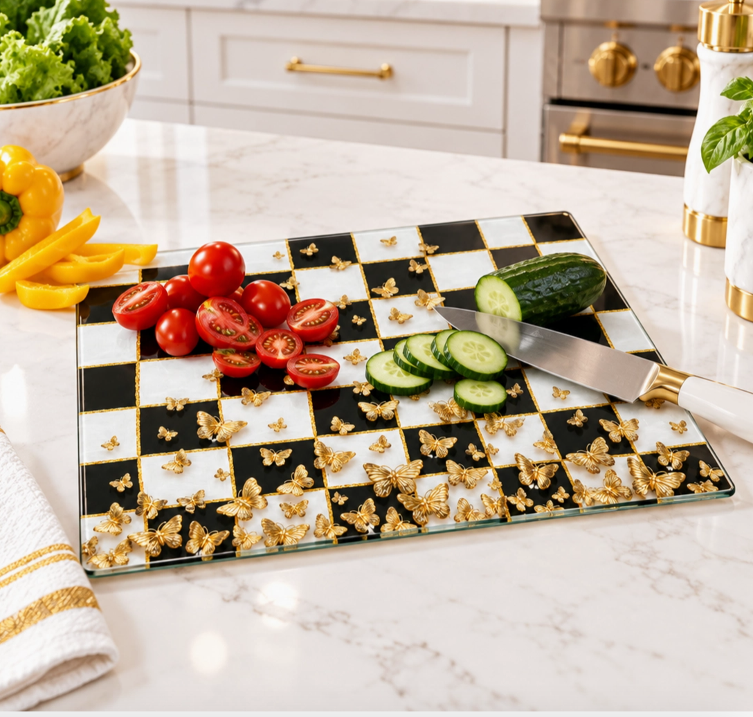 Black & White Check Gold Butterflies Glass Cutting Board