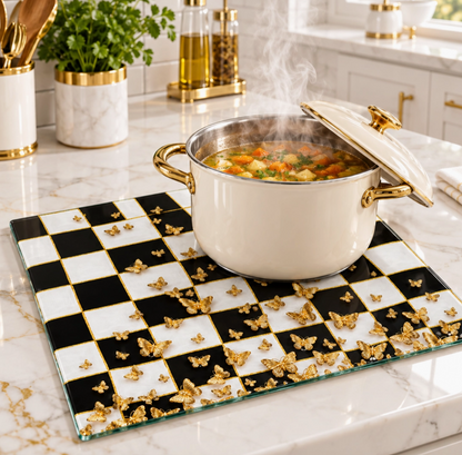 Black & White Check Gold Butterflies Glass Cutting Board