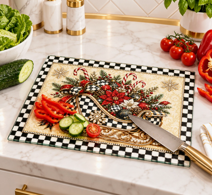 Black White Checker Christmas Sleigh Glass Cutting Board