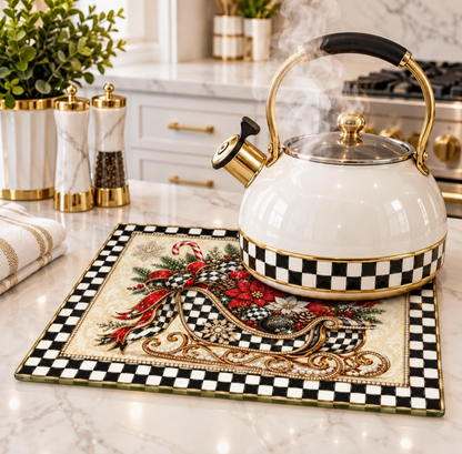 Black White Checker Christmas Sleigh Glass Cutting Board