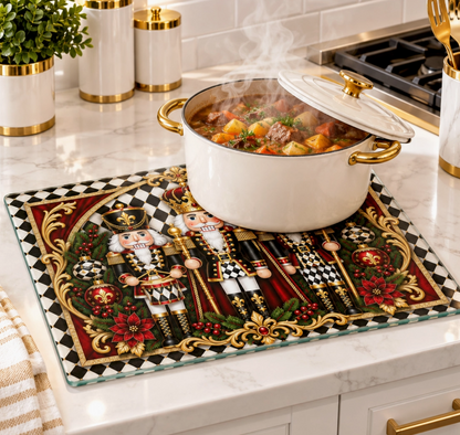 Nutcracker Black & White Check Glass Cutting Board