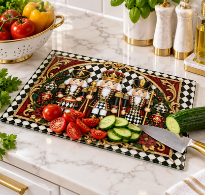 Nutcracker Black & White Check Glass Cutting Board