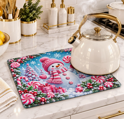 Pink Christmas Snowman & Peppermint Glass Cutting Board