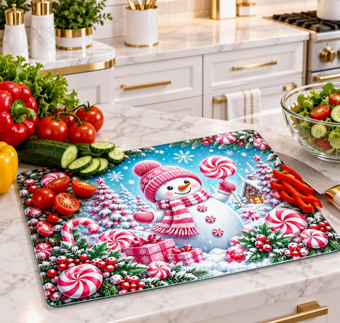Pink Christmas Snowman & Peppermint Glass Cutting Board