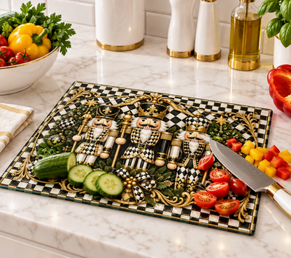 Nutcracker Black & White Check Glass Cutting Board with Checkered Bows