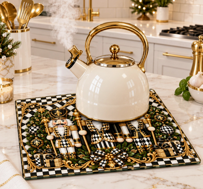 Nutcracker Black & White Check Glass Cutting Board with Checkered Bows