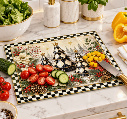 Black & White Checker Christmas Tree Glass Cutting Board