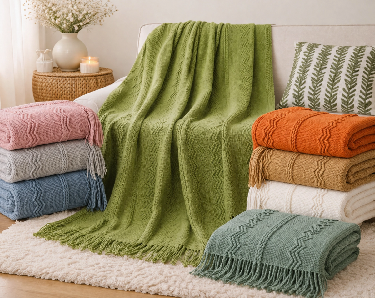 Textured Zigzag Knit Throw Blanket with Fringe – 50" x 60"