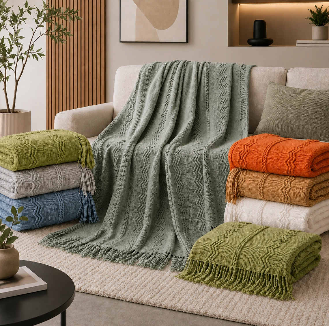 Textured Zigzag Knit Throw Blanket with Fringe – 50" x 60"