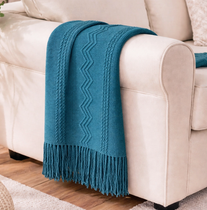 Textured Zigzag Knit Throw Blanket with Fringe – 50" x 60"