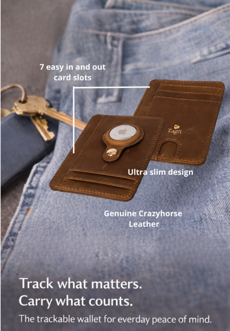 Brown Genuine Leather AirTag Wallet – Slim Card Holder