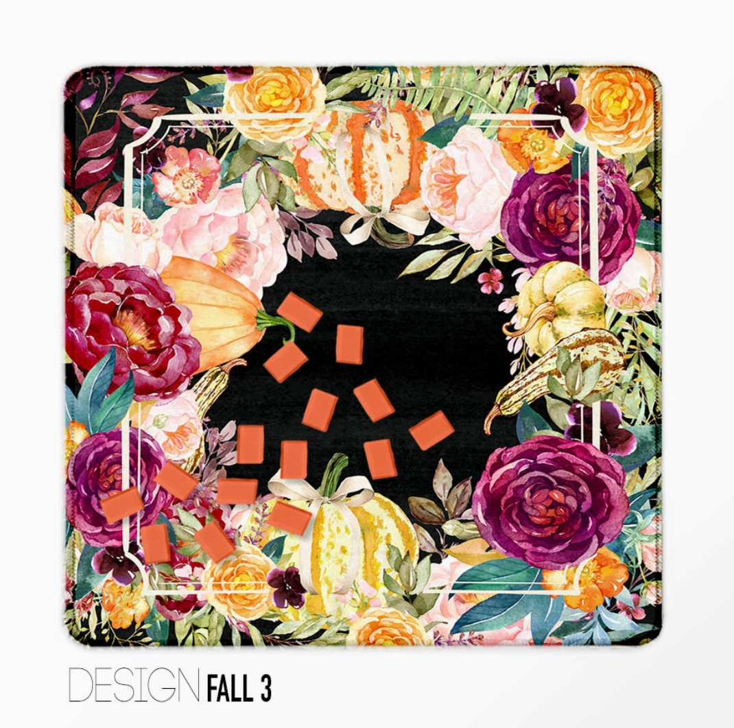 Autumn Mahjong mat with colorful floral border and decorative pumpkins on black background
