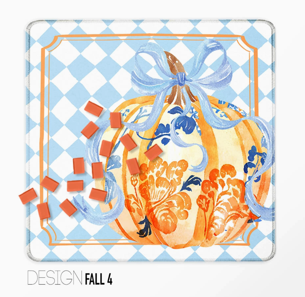 Fall Mahjong mat with orange floral pumpkin, blue ribbon and light blue gingham background
