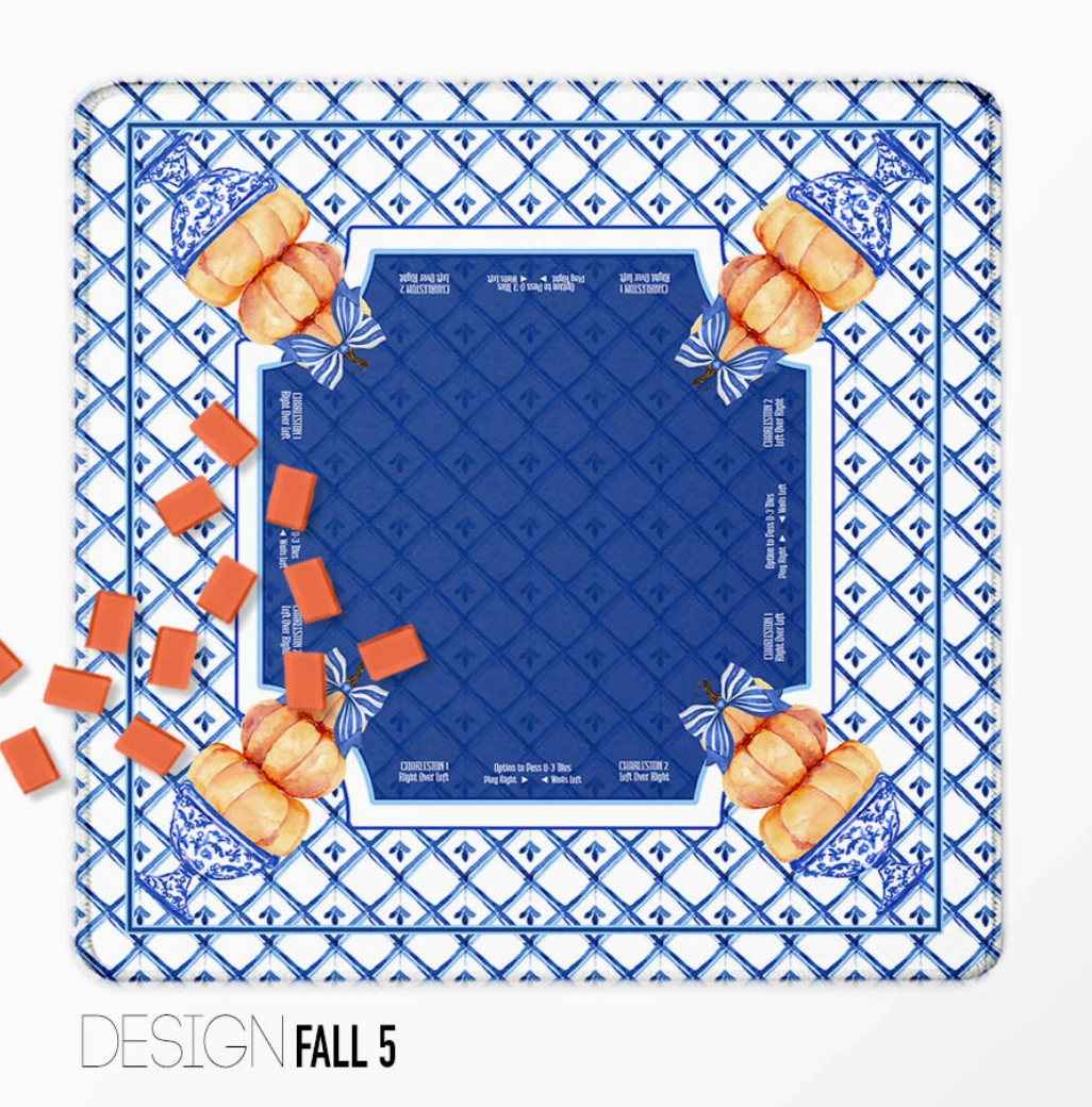 Blue-and-white Mahjong mat with pumpkins, decorative bows and navy playing area