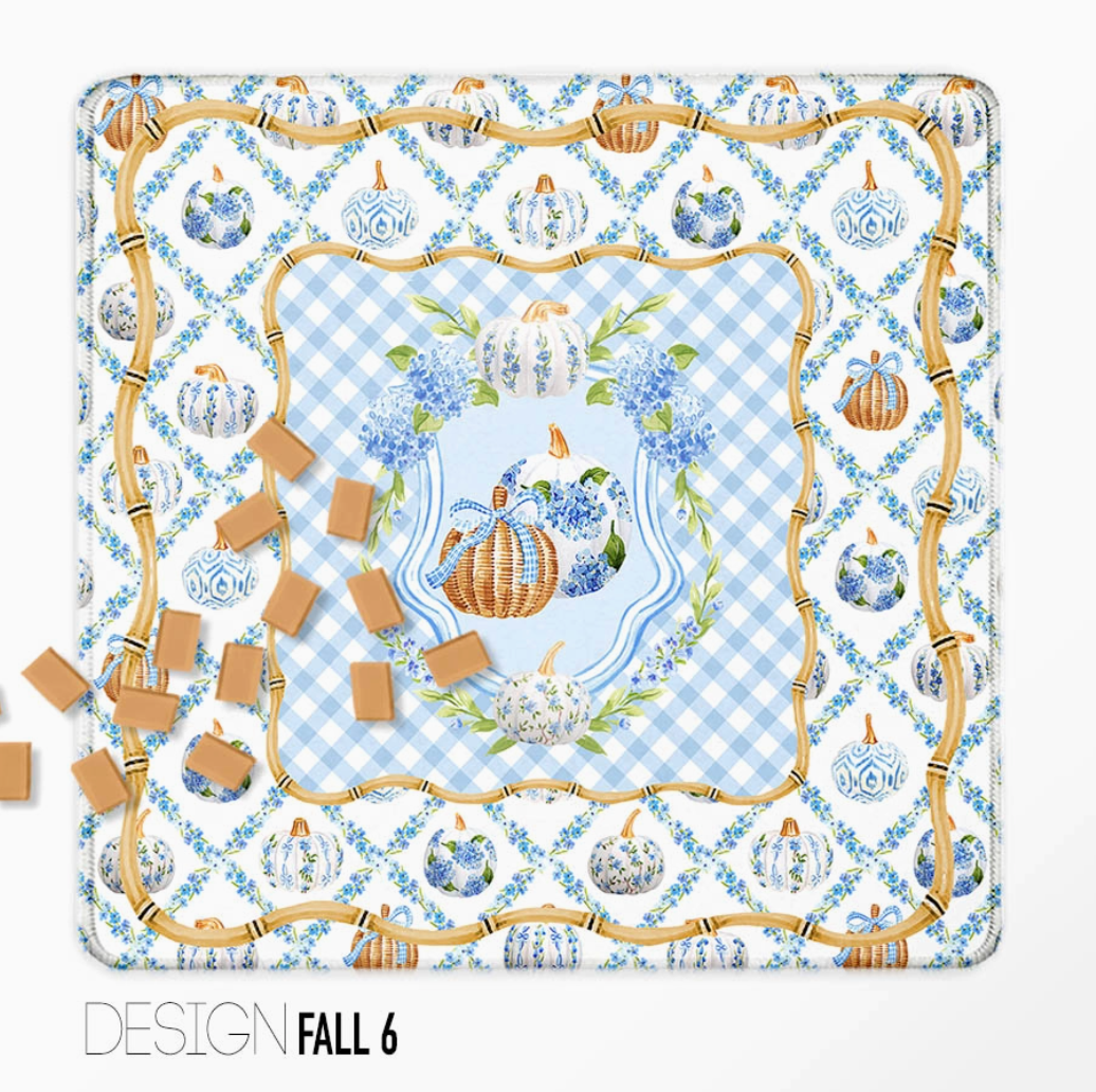 Blue-and-white pumpkin Mahjong mat with hydrangeas, bamboo-inspired border and gingham pattern
