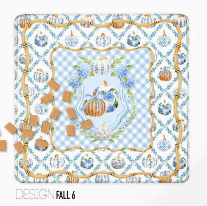 Blue-and-white pumpkin Mahjong mat with hydrangeas, bamboo-inspired border and gingham pattern