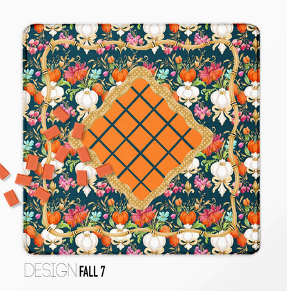 Autumn Mahjong mat with orange center, navy background, pumpkins and colorful floral details