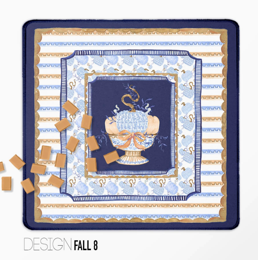 Navy blue Mahjong mat with blue-and-white decorative pumpkins and elegant patterned border