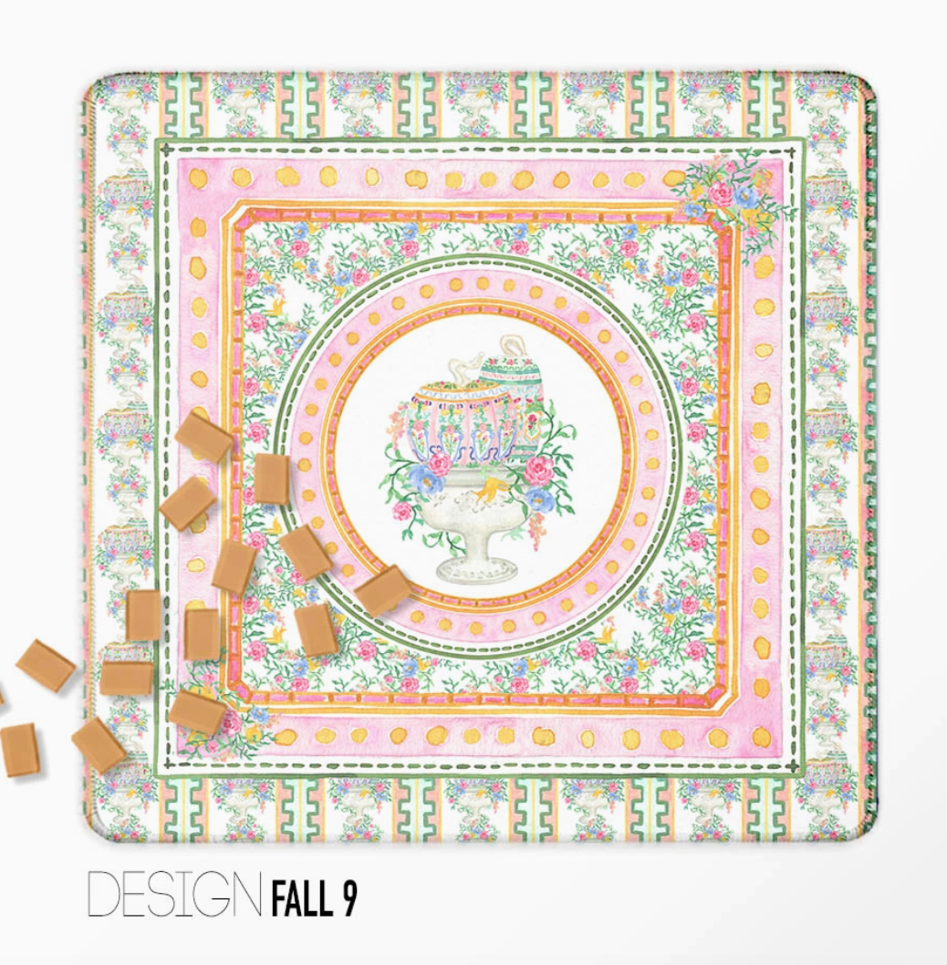 Pink and green fall Mahjong mat with floral chinoiserie-style urn and decorative borders