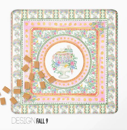 Pink and green fall Mahjong mat with floral chinoiserie-style urn and decorative borders